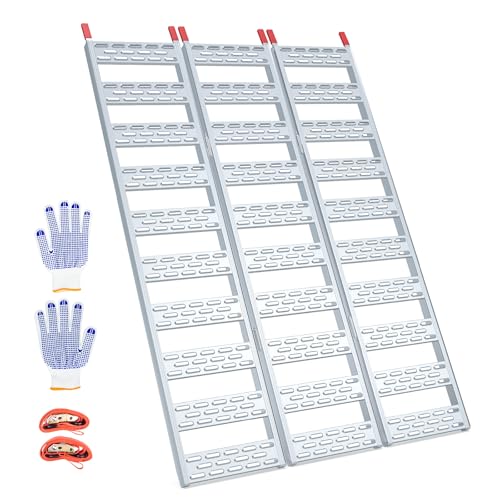Aluminum Tri-Folding Truck Ramps 1600Lbs Max, Loading Ramps For Pickup Trucks Bed, Trailers Ramp With Load Straps For Atv/Utv, Sweeper Machine, Golf Carts, Touring Motorcycles, Small Tractor