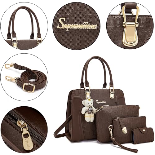 Image of Women's Fashion Handbag Tote Bag Shoulder Top Handle Satchel Purse Set 4pcs | Stylish Style,Chain Texture Design,Ample Space,Bear Doll Decoration,with a Crossbody Strap