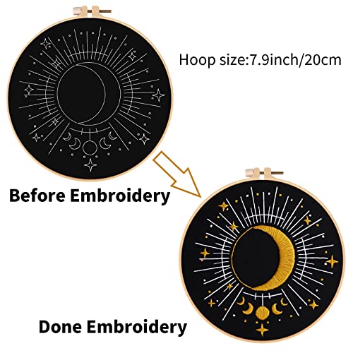 Image of Louise Maelys Tarot Moon Embroidery Kit for Beginners Starry DIY Set | Cross Stitch Kits with Pre-Printed Fabric, Embroidery Hoop, Threads, Needles and Guide. Complete Needlepoint Kit