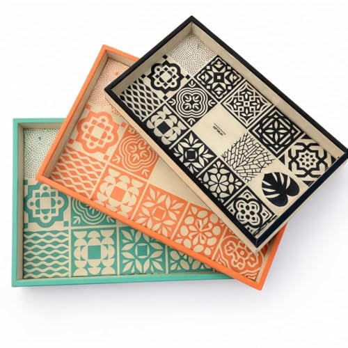 Image of Premium Wooden Serving Tray Set of 3 | Ethnic Indian Art Printed Tea, Coffee & Snack Trays | Decorative Multipurpose Home & Kitchen Serving Tray (A-01)