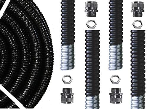 20mm Quality PVC Covered Steel Metal Flexible Conduit - 5 Meter Cut Length With 2 x Fixed Glands & 2 x Locknuts - Trade Size 20mm - Internal 17.0mm - IP54 - Flame Retardant - Oil/Sunlight Resistant
