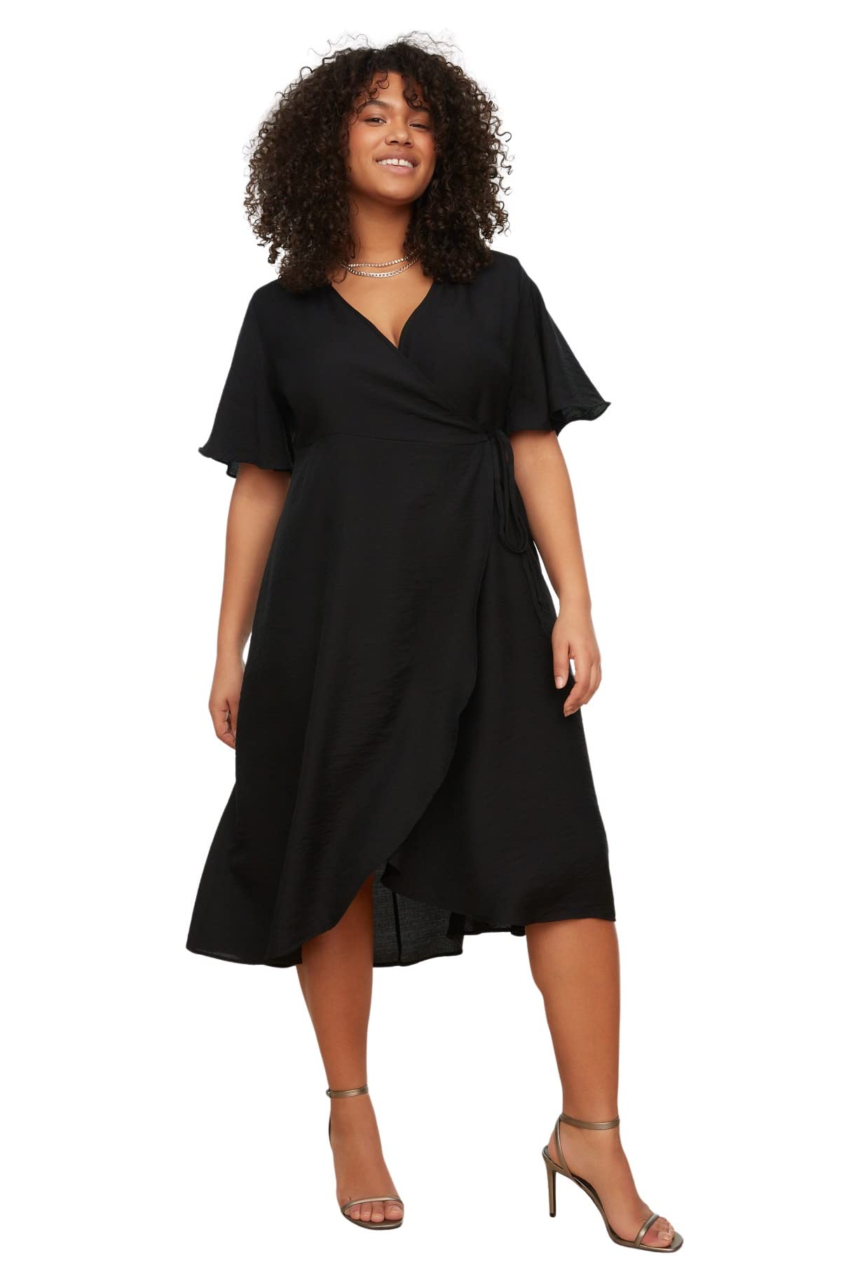 Trendyol Damen Schwarz Woman Plus Size Midi Wrapover Double-Breasted Woven Dress, 46 Große Größen Eu