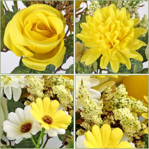 Image of Artificial Flower Bouquet for Home Decoration - 2 Pcs Faux Rose & Daisy Bouquet (Without Pot) Artificial Flowers for Living Room, Bedroom, Office, Vase Decoration (Yellow)