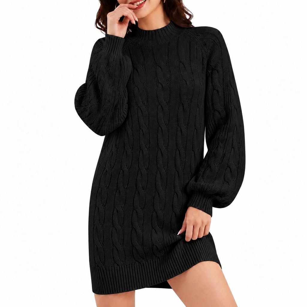 YUURQTY Elegant Strickkleid Damen Laternenärmel Pulloverkleid Zopf | Herbst/Winter Kleid，Regular Fit,Mock Turtleneck,Weich,Elastisch,Bürotauglich,Freizeitkleid Casual