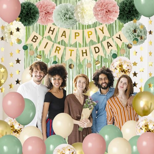 Image of Pink and Sage Green Birthday Party Decorations,Green Pink and Sand White Balloons Happy Birthday Banner star garland Fringe Curtains Birthday Background Pom Poms Decor for Girls Baby Women