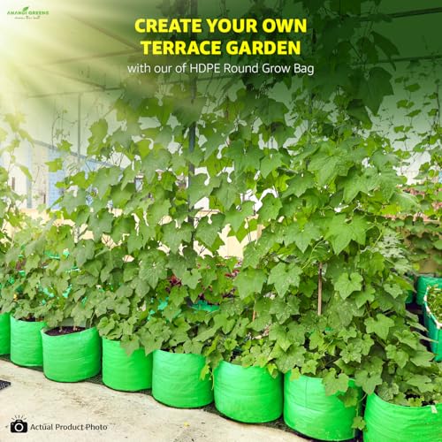 Image of Anandi Green's Premium HDPE Uv Protected 260 GSM Round Shaped Green Colour Grow Bags Suitable for Terrace and Vegetable Gardening 15x15 Inch Pack of 3 Plant Bags