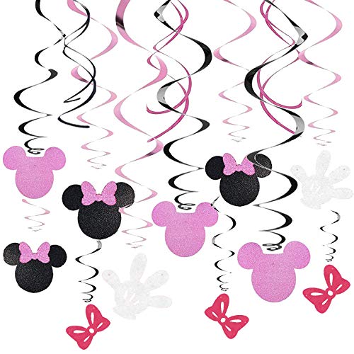 Kristin Paradise 30Ct Minnie Hanging Swirl Decorations - Ceiling Streamers for Mouse Birthday Party  Mini Mouse Theme Party Supplies  Party Favors for Kids - Glitter Pink, Black Decor