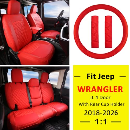 Image of GIANT PANDA Jeep Wrangler 4 Door JL 2018-2026 Full Set Car Seat Covers for Sahara Altitude Rubicon 392 Unlimited with Rear Cup Holder, Customized Faux Leather - (Red)