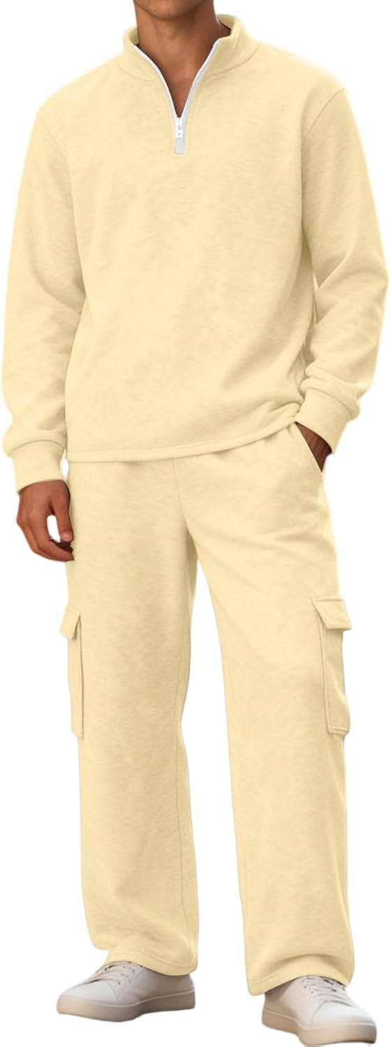 Trainingsanzug Herren Einfarbig, Sport Kostüm Herren Sport Wander, Sweatshirt Ohne Kapuze Viertel-Reißverschluss Und Hose ; Jogginganzüge Mit Tasche Radfahren – 2 Teiliges Fashion