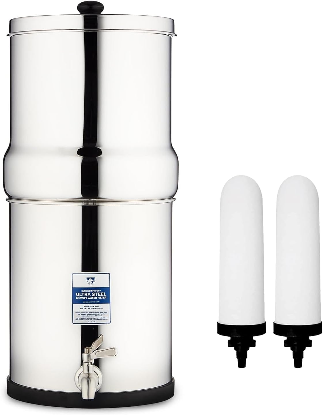 Survivor Filter Ultra Gravity Water Filter System - Stainless Steel Countertop Gravity Fed Water Filter, 2.25 Gallon, for Home and Outdoors - Removes Bacteria, Viruses, and Parasites