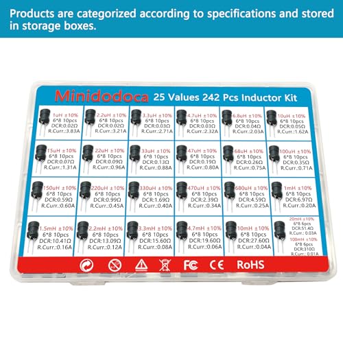 Minidodoca 25 TYPE-242PCS Values 242 Pcs Inductor Kit 1Uh To 100 Mh Dip Radial Power Choke Inductors Assortment Kit Copper Coil Rated Current Dc Resistance Individual Compartment thumb #4