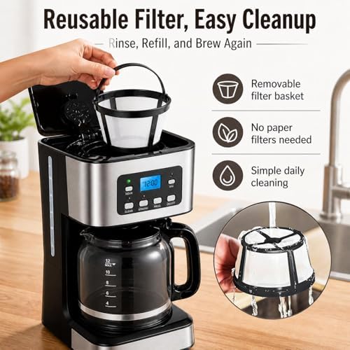 DIYOHFE 12-Cup PROGRAMMABLE Coffee Maker, REGULAR & STRONG Brew Drip Machine with Glass Carafe, 24H Timer, PAUSE & SERVE, AUTO SHUT-OFF, Water Window, Black & Stainless Steel - 5