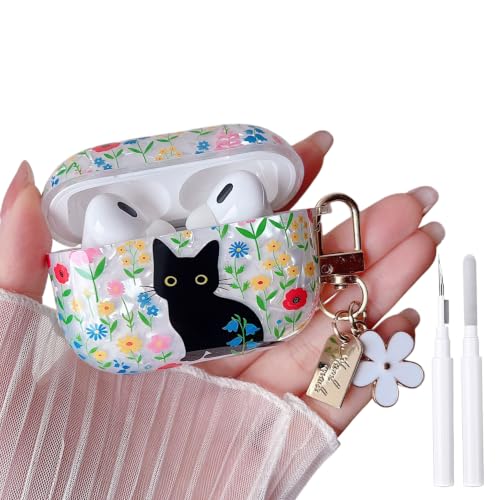 Image of MINSCOSE for AirPods Pro 2nd /1st Generation Glitter Case,Cute Cat Flower Shell Pattern Design with Girly Keychain,Soft TPU Protective Shockproof Case with Cleaner Kit for Airpods Pro /Pro 2-Cat