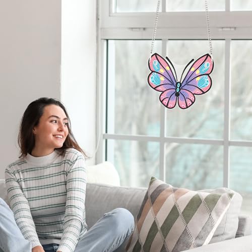 Image of AiYuanzsh Cartoon Butterfly Diamond Painting Pendant Kit, 5D DIY Acrylic Special Shaped Rhinestones Diamond Art Hanging Ornament, Window Wall Door Decoration Craft Gift for Adults