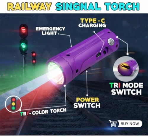 Image of 4-in-1 LED Railway Signal Torch,Railway tri Colour Torch,All Right Light (Purple),Rechargeable Flashlight for Railway Signaling,