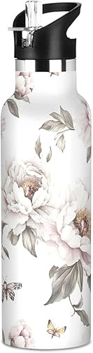 Miniatura 10 de Botella de agua reutilizable con aislamiento de doble pared blanco Dianthus retro, aislada con tapa de pajilla, sin BPA, a prueba de fugas, para