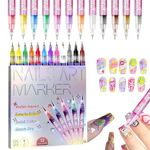Nail Art Pens Set Upgrade Nails Art Markers Nail Pens for Girls 0.5mm Quick Dry Graffiti Dotting Point Liner Pens for Home Salon (#B)