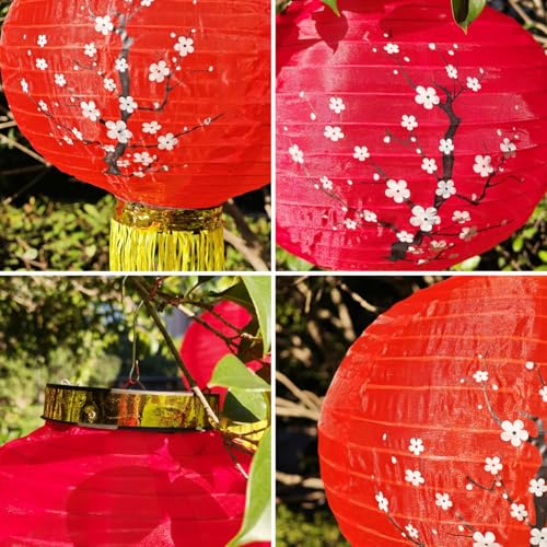 Image of KYMY Cherry Blossom Red Lanterns, 2pcs Japanese Spring Festival Sakura Silk Fabric Lanterns 11.8 inch, Oriental Style Flower Lanterns for Asian Lunar New Year Home Resturant Wedding Party Decoration