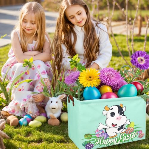 Image of Cow Easter Basket for Kid Large Empty Baby Rectangular Cute Easter Gift Storage Basket Bunny Eggs Decor (Cow)
