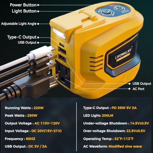 Image of LIVOWALNY 220W-250W Power Inverter Compatible with DeWALT 20V Battery (Battery Not Included), DC 20V to AC 110V-120V Portable Inverter, 1 AC Outlet, 2 USB Ports & 1 Type-C Port, LED Work Light(2-Pack)