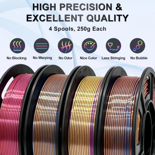 Image of Silk PLA+ 3D Printer Filament Bundle, 3-in-1 Coextruded Shiny Tricolor Filament 1.75mm, Shiny Multi Color Change, Smooth Multicolor PLA+ Filament for Most 3D Printers - 4 Spools 250g Each