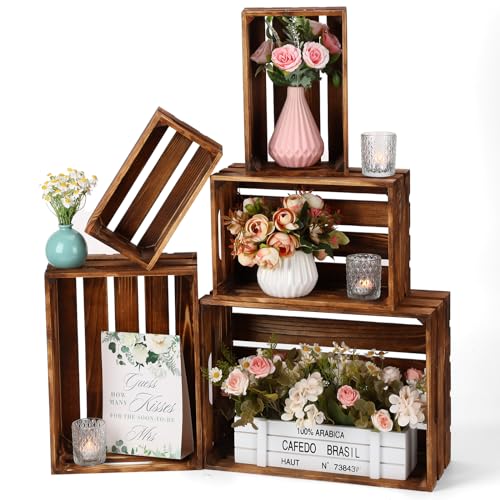 Image of Soaoo 5 Pcs Decorative Nesting Wooden Crates for Storage Display 5 Size Large Small Rustic Wood Decorative Storage Crates with Handle Farmhouse Crate Box Container Made from Pine(Vintage Brown)