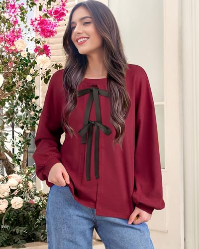 Vivilli Womens Long Sleeve Sweaters Sweatshirt Crewneck Long Sleeve Shirts Bow Tie Front Splicing Tunic Tops4