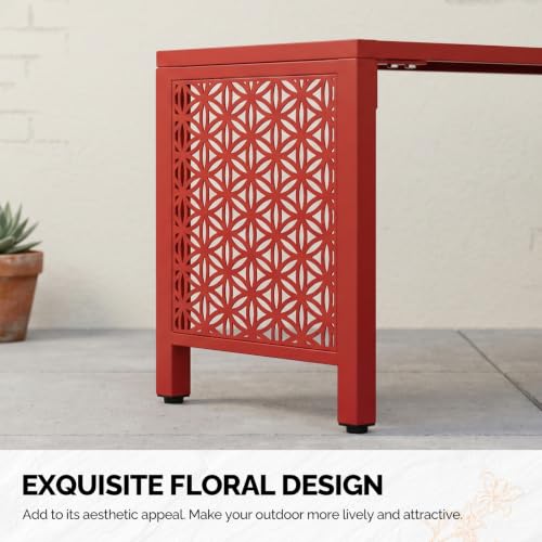 Image of VINGLI 40in Outdoor Metal Bench, All-Weathe Backless Patio Bench with Slatted Seat＆Floral Side Panels, Rust-Resistant Garden Bench, Weatherproof Outdoor Seating for Porch Entryway Backyard (Red)
