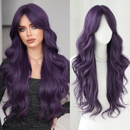 7JHH WIGS 31in Purple Long Water Body Wavy Wigs with Curtain Bang...