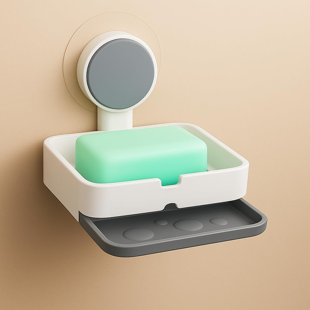 wall mounted plastic soap holder for bathroom, self adhesive, no drill soap stand with removable drain tray, 5 kg capacity (single soap box)