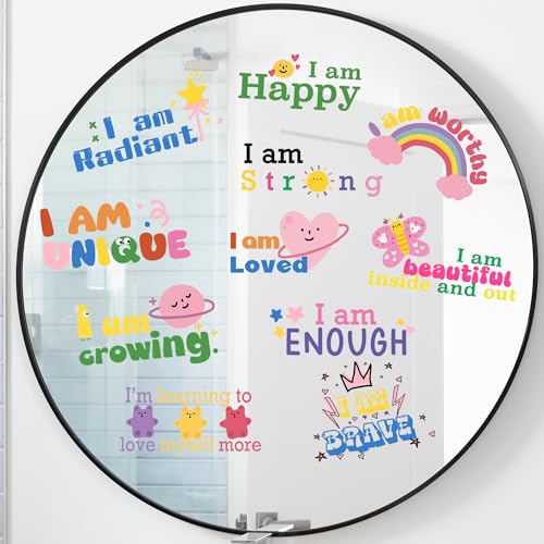 11 Positive Affirmation Mirror Stickers | Reusable Static Decals with Motivational Quotes | Teen Girl Gift for Inspirational Bathroom Mirror & Window Decor | Mental Health Sticker & Self-Love Decal