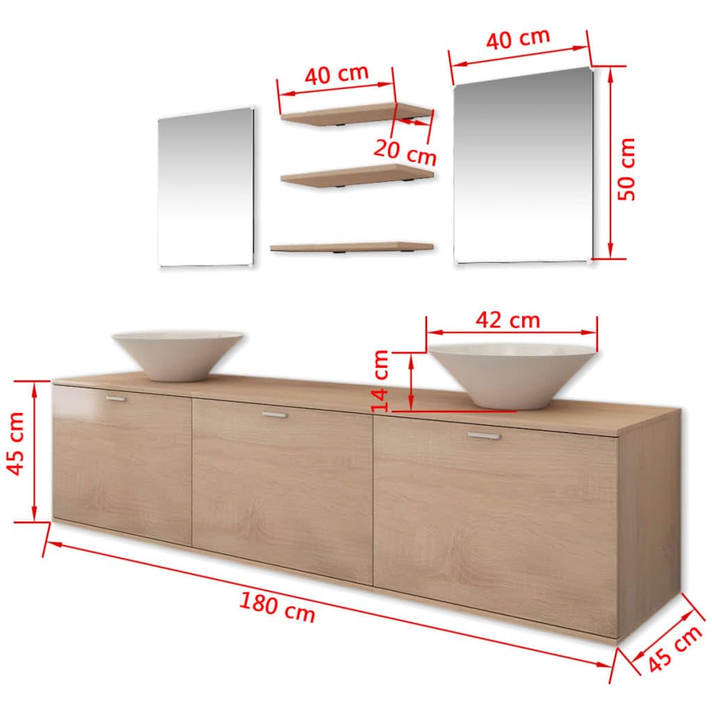 Set di mobili da bagno da 8 pezzi, beige, con mobiletto sottolavabo, 2 specchi, 3 ripiani, 2 lavandini in ceramica bianca, combinazione di spazio per bagno, ospiti, WC, zona doccia