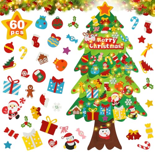 Albero di Natale in feltro bambini DIY, 140 * 69cm con luci a 5M LED e 60 Ornamenti, da Parete, Porte, finestra, Camera dei bambini, soggiorno, Ufficio, Aula