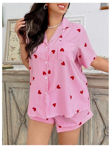 Verdusa Women's Plus Size 2 Piece Heart Striped Pajama Set Button Up Collared Shirts with Shorts Loungewear3