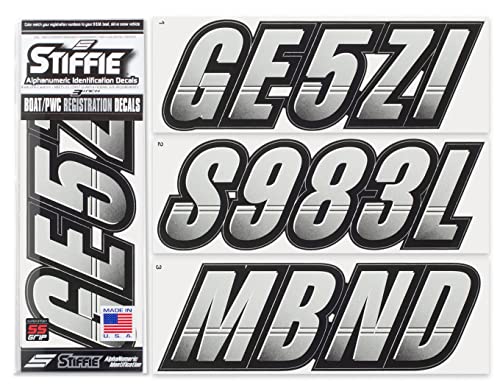 STIFFIE Techtron Metallic Silver/Black 3” Super Sticky Boat & PWC Registration Decals • Numbers Letters Stickers