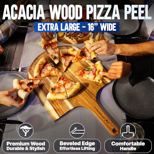 Image of KitchenStar 16-inch Pizza Making Set, 6 PCS - Pizza Stone + Stainless Steel Rack, Acacia Wood Pizza Peel, Pizza Cutter Rocker + Protective Cover, Metal Brush - Oven & Grill Accessories Kit