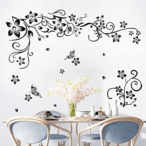 LiveGallery Removable Black Vinyl Flowers Wall Decals DIY Flower Vines and Butterfly Wall Stickers Decor Peel Stick Art Decoration for Teens Room Baby Girls Bedroom Living Room Home Wall Corner Cover