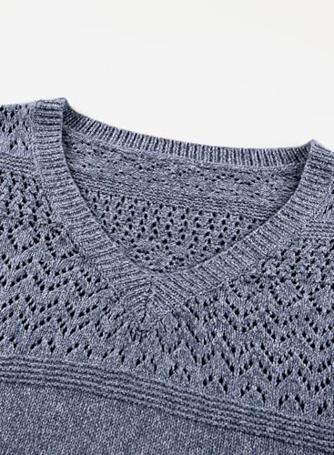 Image of SHEWIN Women's Sweaters Casual Long Sleeve V Neck Crewneck Lightweight Crochet Pullover Sweater Tops