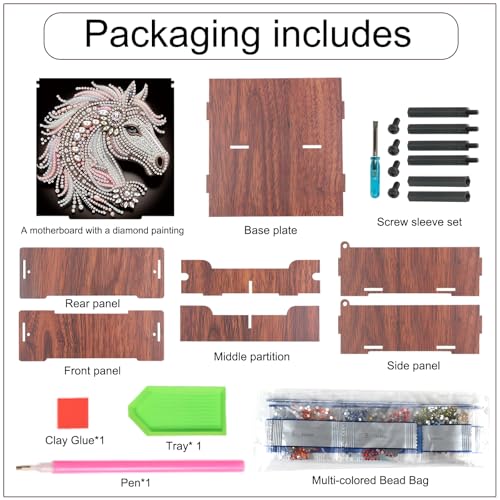 Image of DIY Diamond Art Storage Box with Flip-Top Lid, Glittering Horse Head Design Wooden Diamond Painting Organizer with 4 Divided Compartments, Portable Desktop Craft Storage for Accessories Supplies