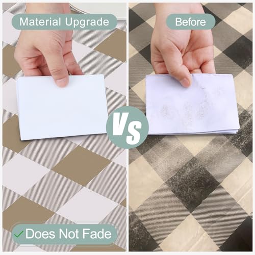 Image of misaya Square Waterproof Vinyl Table Cloth, Buffalo Flannel Backed Tablecloth, Wipeable Plastic Table Cover for Dinner, Kitchen, Outdoor (70 inch x 70 inch, Khaki and White)