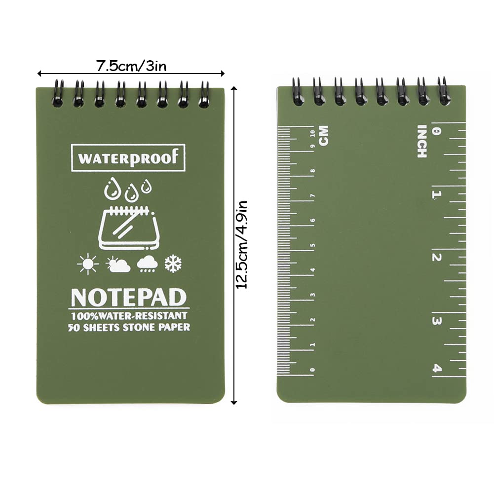 Geluode 6 Pack Waterproof Paper Pocket Notebook Top Spiral Bound 3 x 5 Inch Cover Green 100 Pages 50 Sheets Tactical All-Weather Waterproof Pocket Notepad with Grid for Outdoor Activities Recording - Image 2