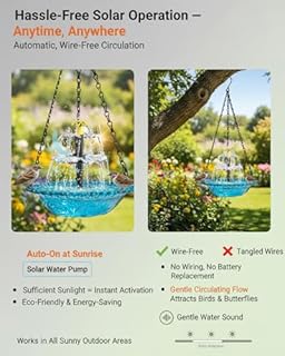 Solar Cascade Hanging Bird Bath Fountain Heater Solar Powered Birdbath Hummingbird Water Fountain Large 3 Layers Bird Bath Pump Glass Bowl for Outdoor Patio Yard Garden Lawn Decoration(Blue)