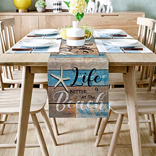 Artshowing Ocean Coastal Starfish Decorative Table Runner 13X36Inch, Linen Textured Table Runner For Kitchen Dining Wedding Party And Home Decor, Retro Wood Grain Life Is Better At The Beach #TOP1