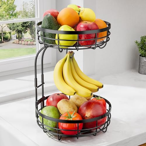 Fruit Basket for Kitchen Counter 2-Tier Large Capacity Fruit Bowl with Detachable Banana Hanger Rust-Proof Metal Fruit Holder for Vegetables Bread Toiletry (10 D x 10 W x 14 H Black)