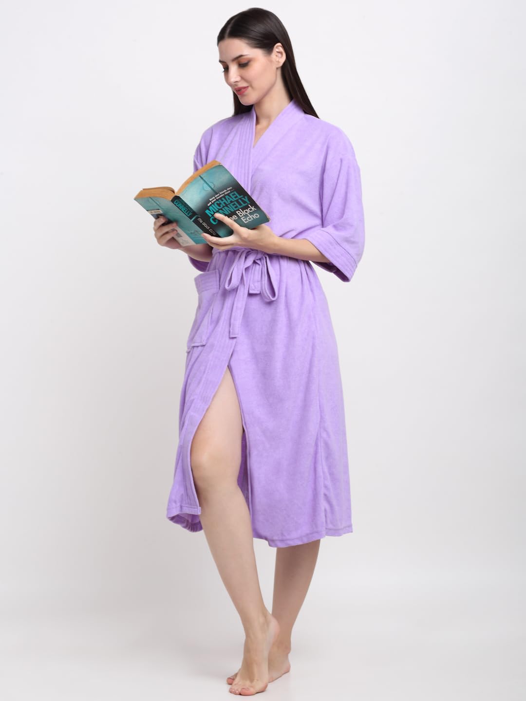 CREEVA Everyday Unisex Micro Terry Bathrobe Collection With kimono collar and 1 Pocket, 3/4 Sleeve Bath Robe Super Soft Light Weight - Lilac - Image 4 thumbnail