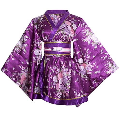 Image of HUAHUA Women's Sexy Short Kimono Dress Floral Print Japanese Traditional Geisha Robe Bathrobe Skirt Belt Outfit