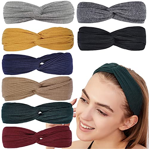 8Pcs Headbands for Women Twist Knotted Boho Stretchy Hair Bands for Girls Criss Cross Turban Plain Headwrap Yoga Workout Vintage Hair Accessories, Solid Color