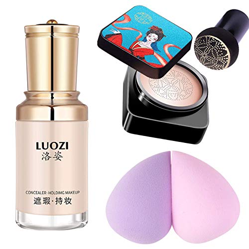 LUOZI Mushroomhead Air Cushion CC Cream Liquid Foundation Makeup Full Coverage Spots Natural Color Correcting Skin with 2pcs Beauty Sponges