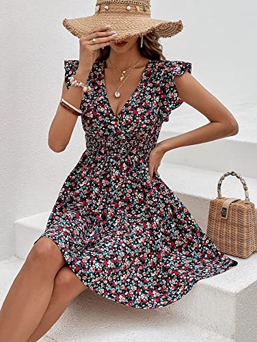 Image of OM SAI LATEST CREATION Western Dress || Rayon Ditsy Floral Printed Dress for Women || Flounce Cap Sleeve & V-Neck Shirred Ruffle Flared Dress || Summer Short Dresses for Women.
