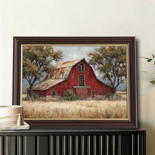 Image of Antique Framed Red Barn Canvas Wall Art, Weathered Farmhouse Oil Painting Canvas Prints, Vintage Farm Wall Decor Pictures for Living Room Bedroom Bathroom